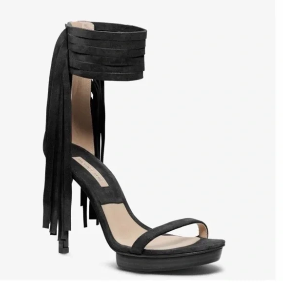 Michael Kors Daphne Black Fringe Platform Open Toe Stiletto Sandals Shoes 39.5 - Picture 1 of 16